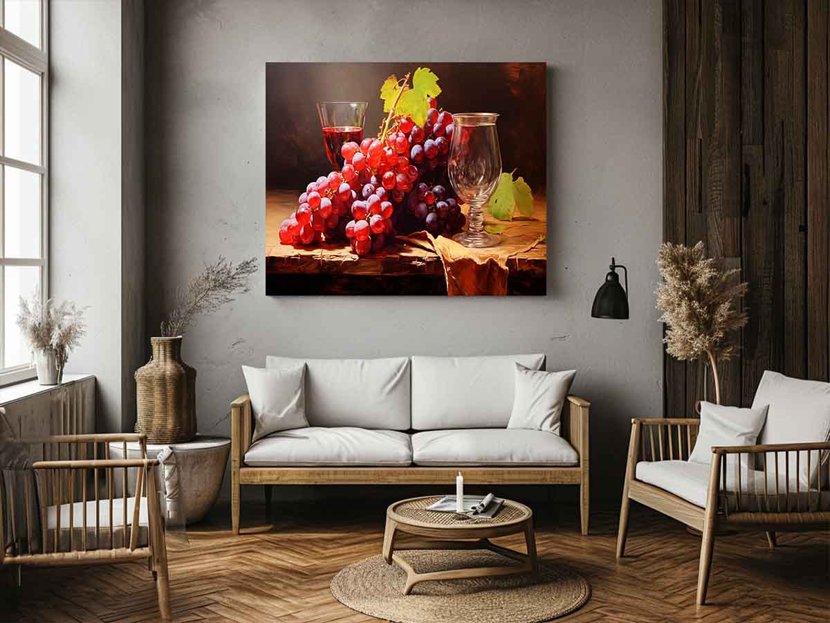 Vintage grape still life canvas art with glassware for dining room decor.