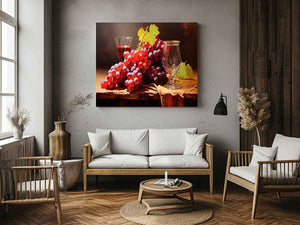 Vintage grape still life canvas art with glassware for dining room decor.