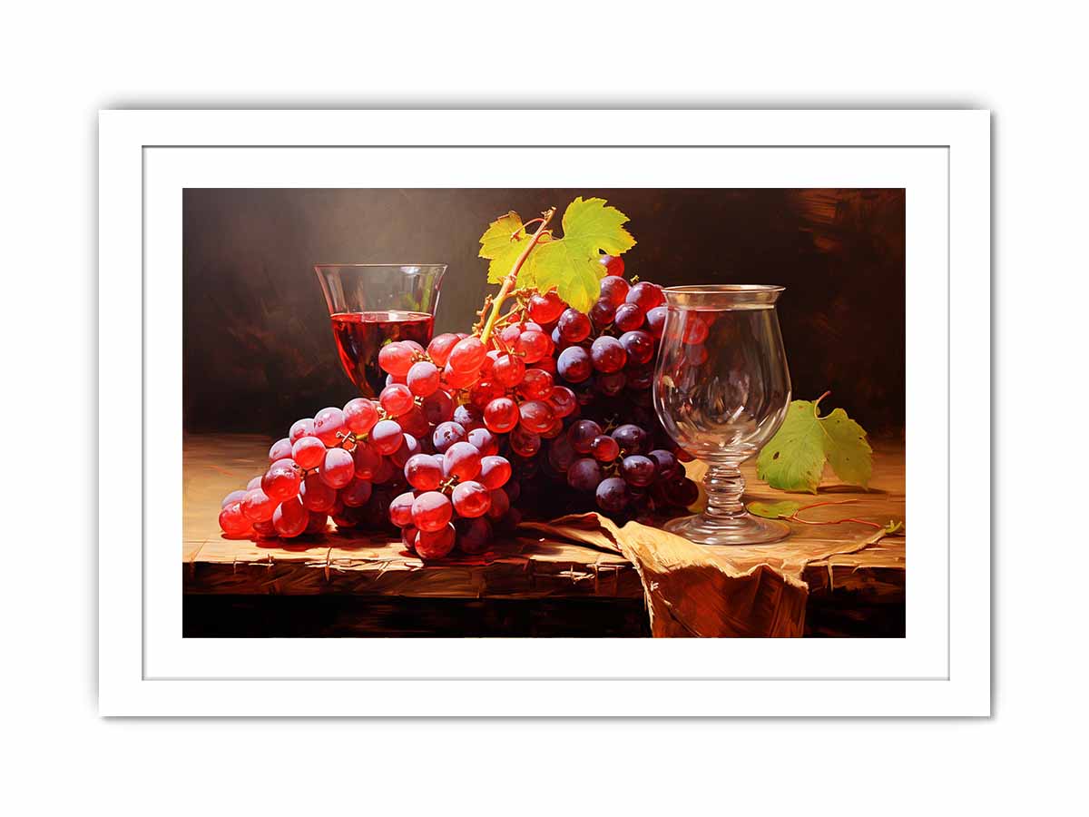 Vintage grape still life canvas art with glassware for dining room decor.