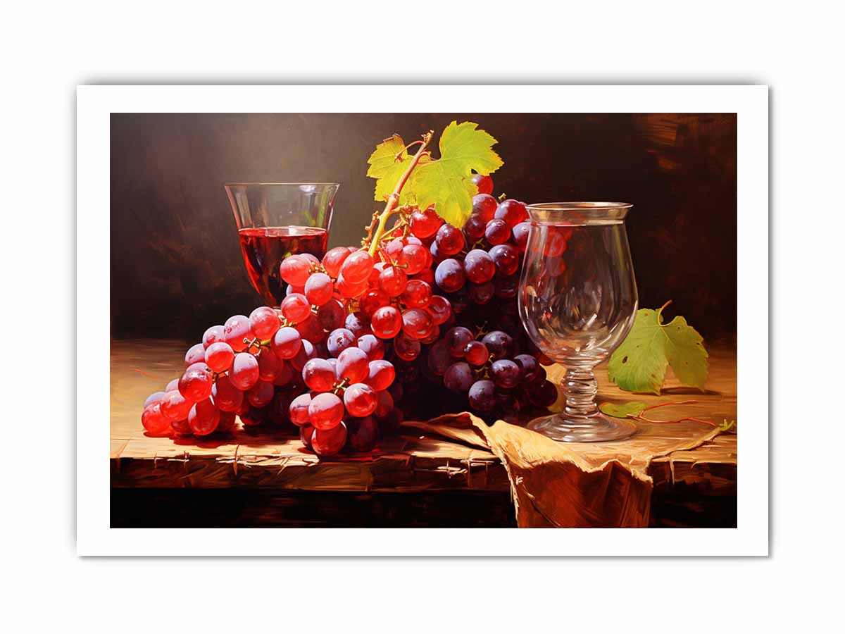 Vintage grape still life canvas art with glassware for dining room decor.