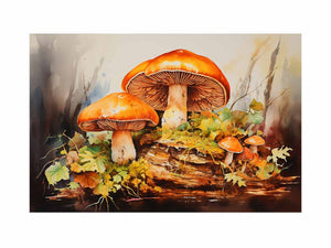 Autumn Fungi botanical watercolor canvas art for bedroom or cozy office decor.