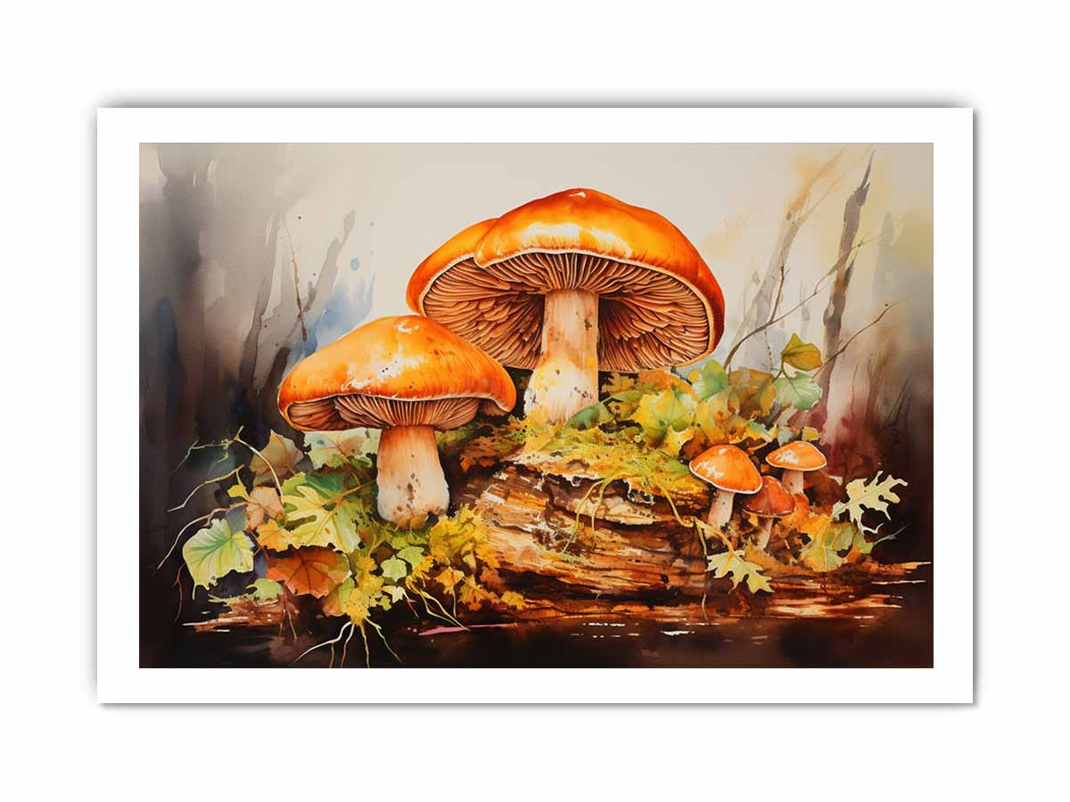 Autumn Fungi botanical watercolor canvas art for bedroom or cozy office decor.