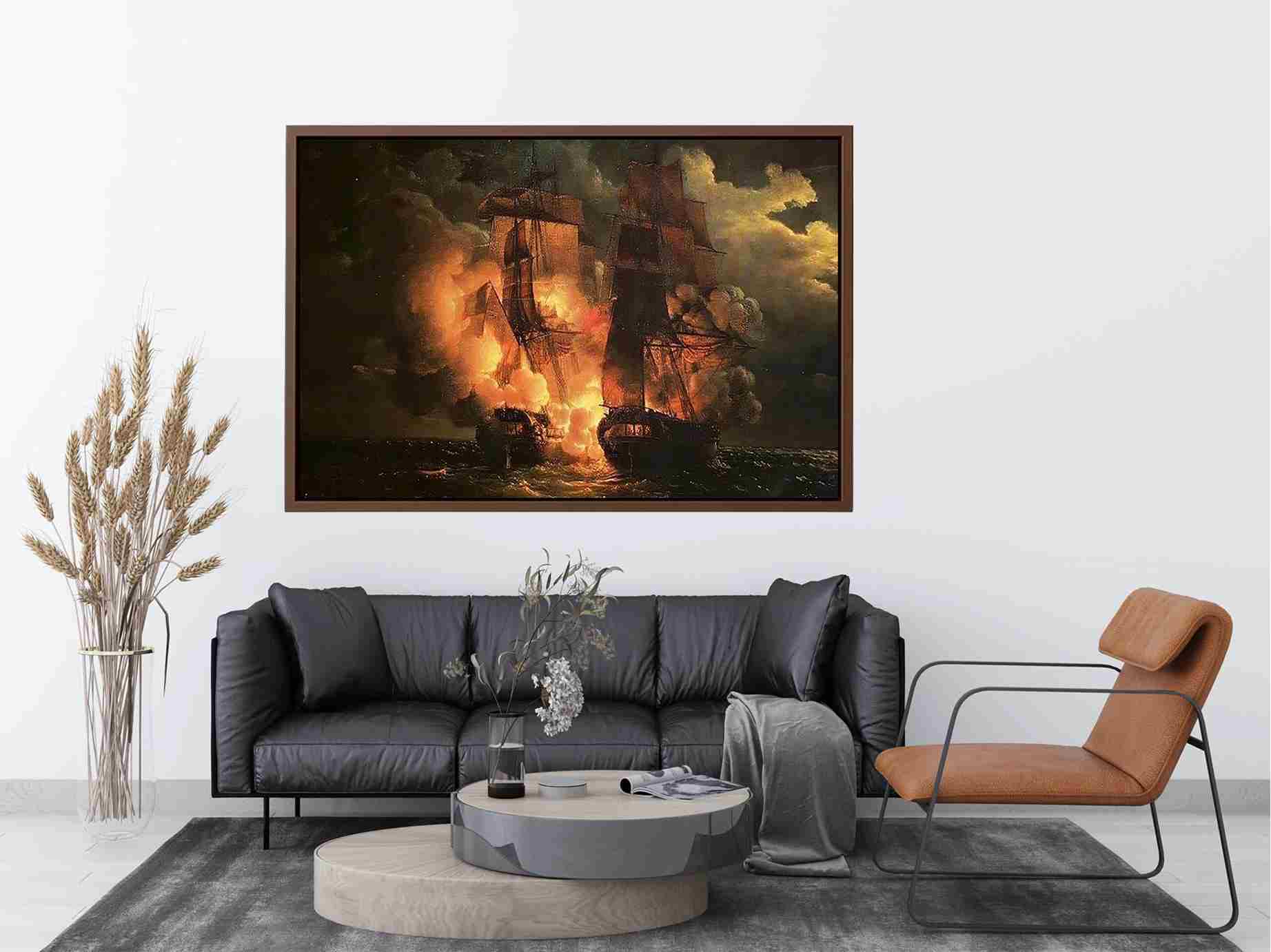 Battle Between the French Frigate Arethuse and the English Frigate Amelia by Louis Philippe Crepin Painting