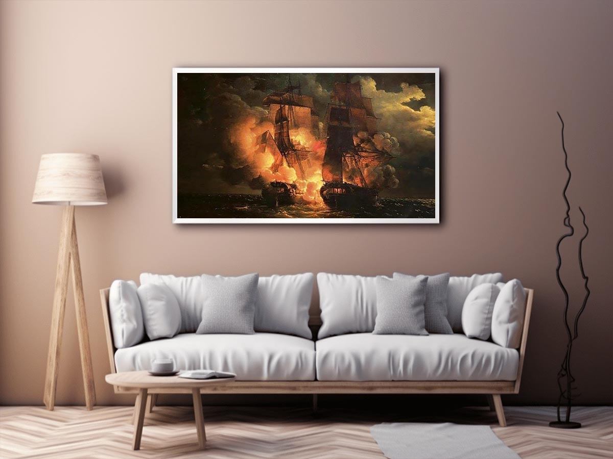 Battle Between the French Frigate Arethuse and the English Frigate Amelia by Louis Philippe Crepin Painting