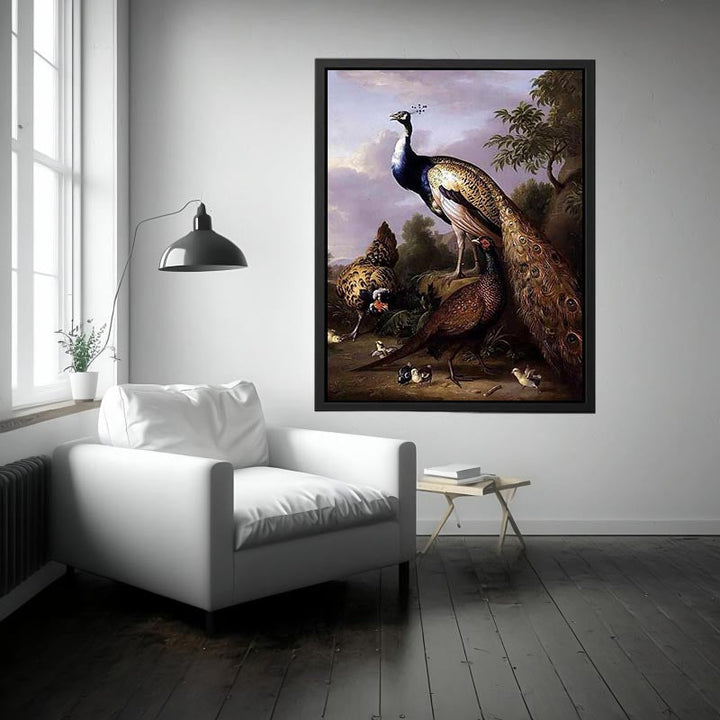 Peacock, Hen and Cock Pheasant in a Landscape Painting