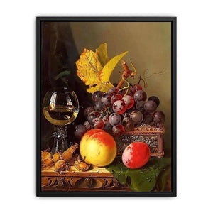 A Still Life of Black Grapes, a Peach, a Plum, Hazelnuts, a Metal Casket and a Wine Glass on a Carved Wooden Ledge Canvas Print