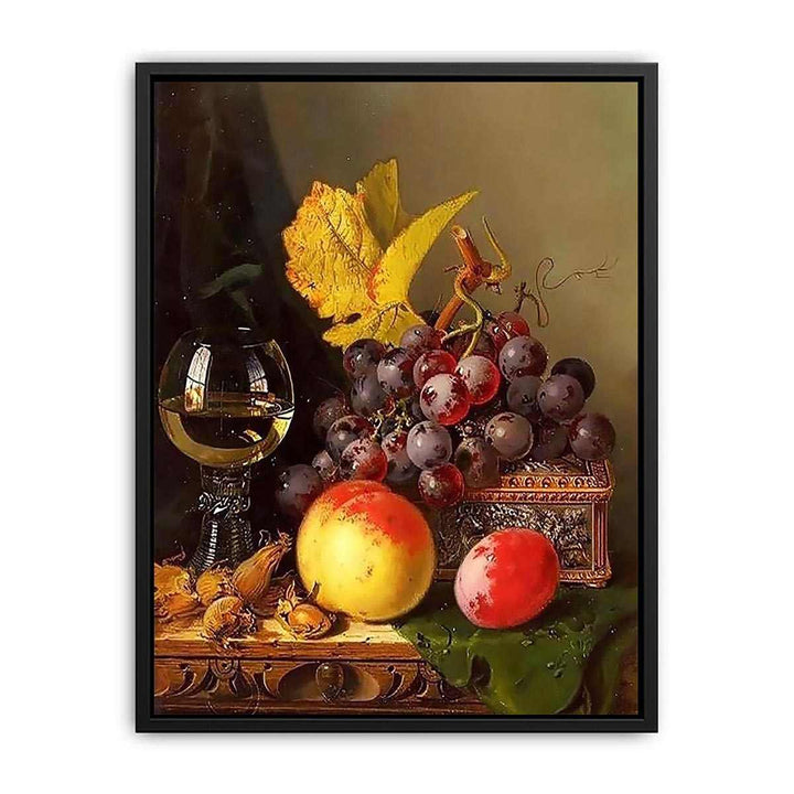 A Still Life of Black Grapes, a Peach, a Plum, Hazelnuts, a Metal Casket and a Wine Glass on a Carved Wooden Ledge Canvas Print