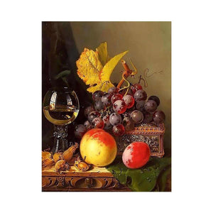A Still Life of Black Grapes, a Peach, a Plum, Hazelnuts, a Metal Casket and a Wine Glass on a Carved Wooden Ledge by EDWARD LADELL