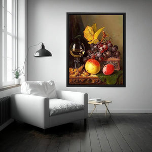 A Still Life of Black Grapes, a Peach, a Plum, Hazelnuts, a Metal Casket and a Wine Glass on a Carved Wooden Ledge by EDWARD LADELL Painting