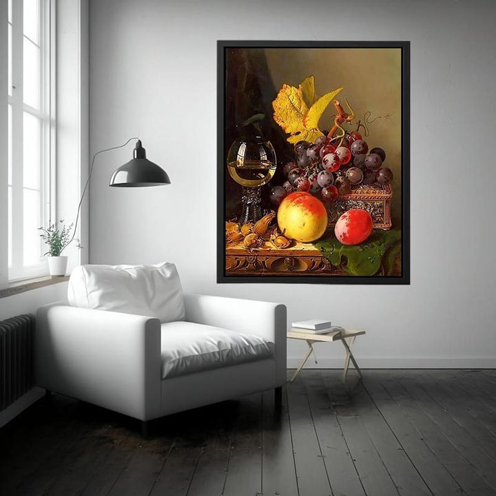 A Still Life of Black Grapes, a Peach, a Plum, Hazelnuts, a Metal Casket and a Wine Glass on a Carved Wooden Ledge Painting