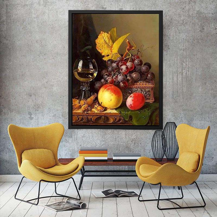 A Still Life of Black Grapes, a Peach, a Plum, Hazelnuts, a Metal Casket and a Wine Glass on a Carved Wooden Ledge  Painting