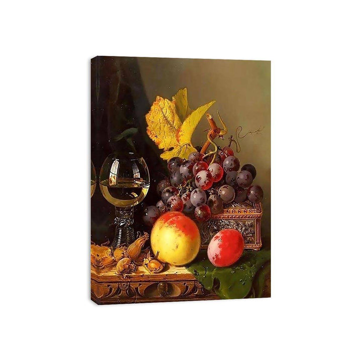 A Still Life of Black Grapes, a Peach, a Plum, Hazelnuts, a Metal Casket and a Wine Glass on a Carved Wooden Ledge  Painting