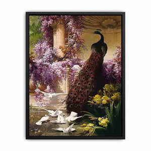 A Peacock and Doves in a Garden Canvas Print