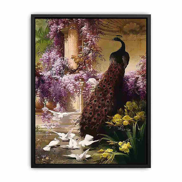 A Peacock and Doves in a Garden Canvas Print