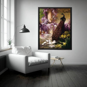 A Peacock and Doves in a Garden by Eugene Bidau Painting