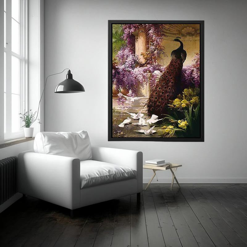 A Peacock and Doves in a Garden by Eugene Bidau Painting