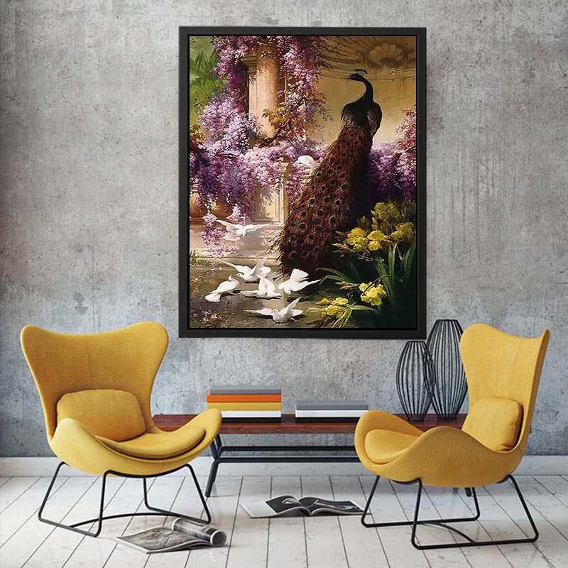 A Peacock and Doves in a Garden by Eugene Bidau Painting