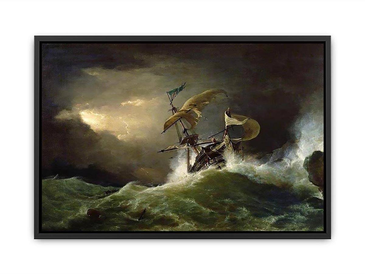 A First rate Man-of-War driven onto a reef of rocks, floundering in a gale Canvas Print