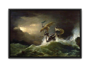 A First rate Man-of-War driven onto a reef of rocks, floundering in a gale Canvas Print