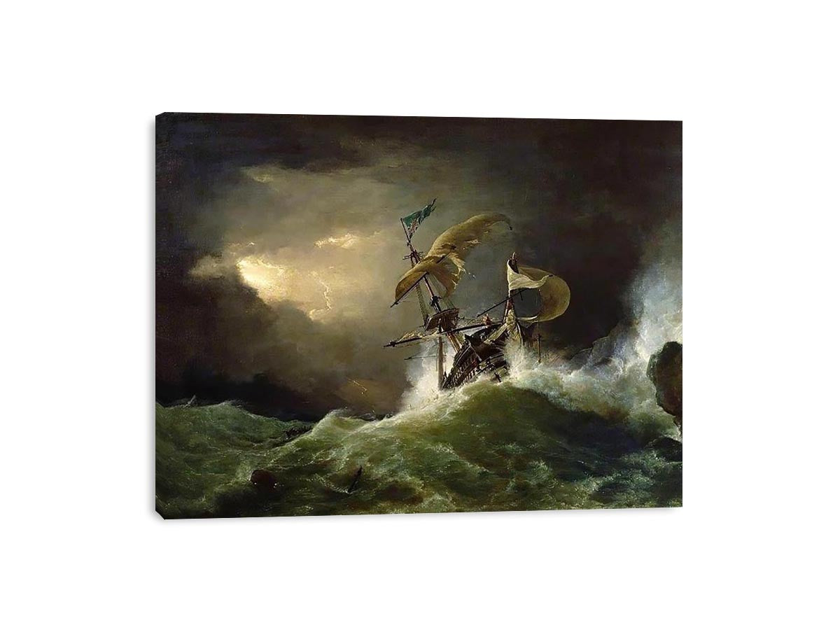 A First rate Man-of-War driven onto a reef of rocks, floundering in a gale by GEORGE PHILIP REINAGLE Painting
