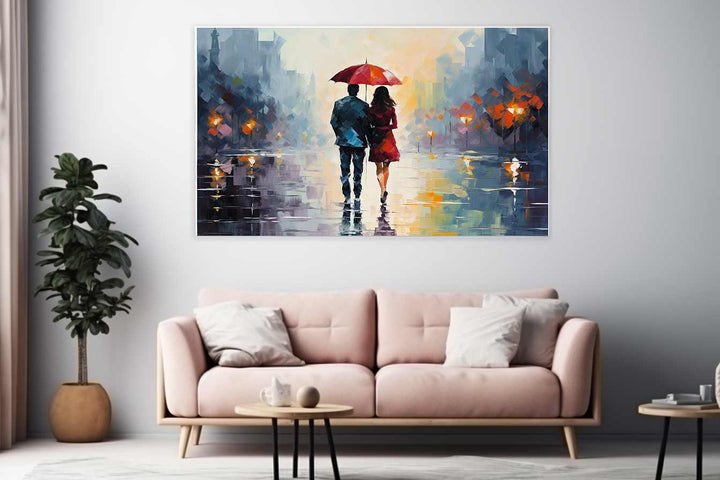 Man Woman walking under  Umbrella  Painting