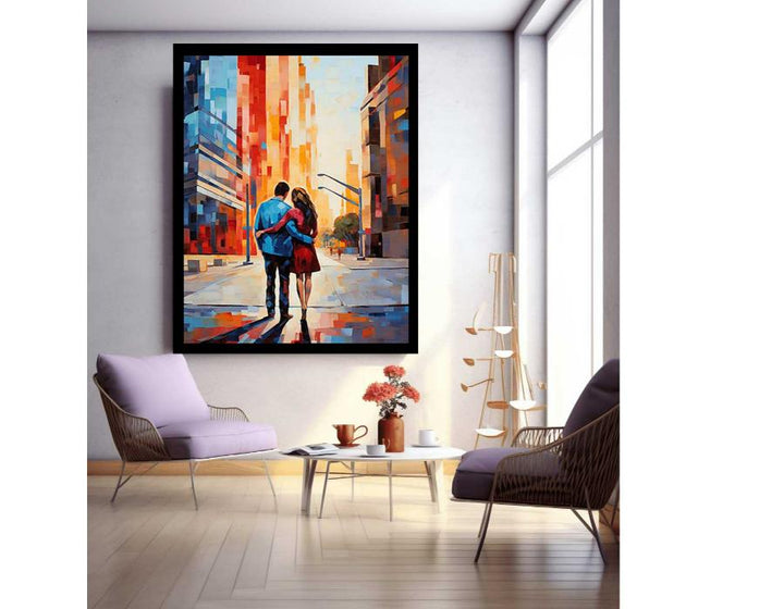 Contemporary Couple Stroll in City Painting