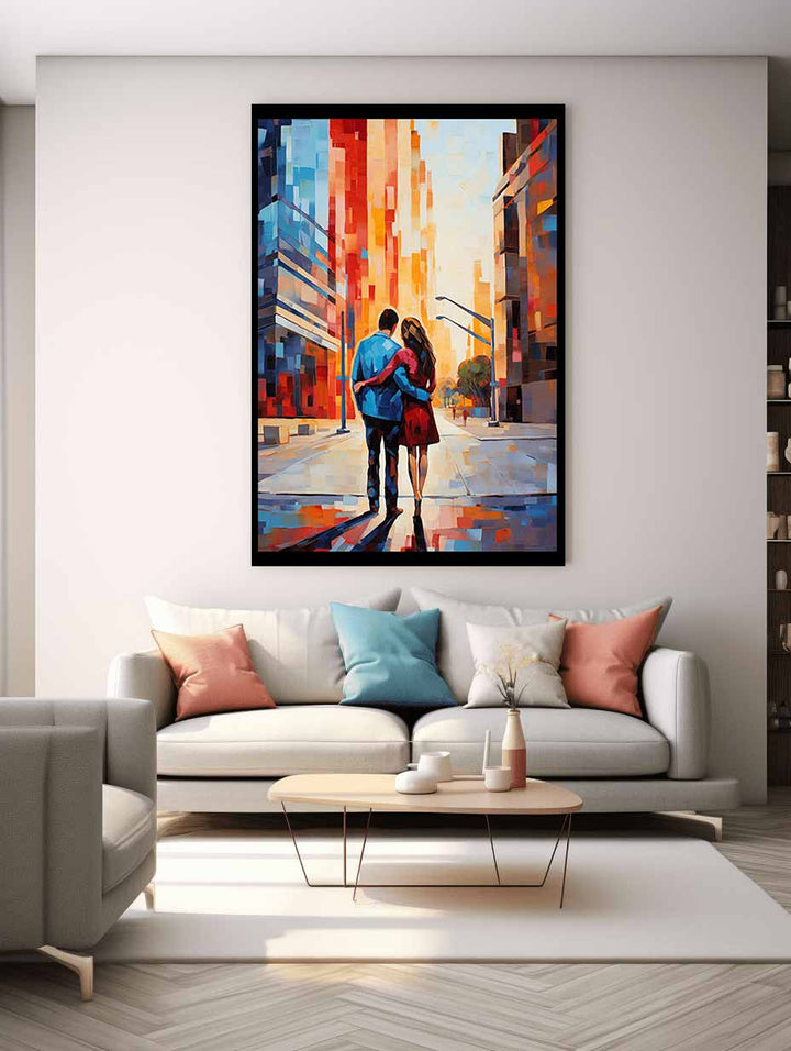 Contemporary Couple Stroll in City Painting