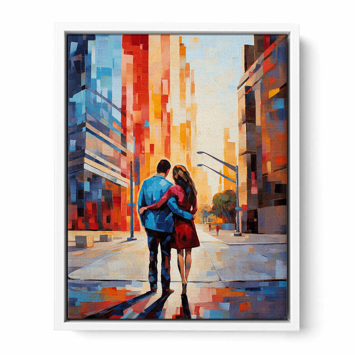 Contemporary Couple Stroll in City Framed Print