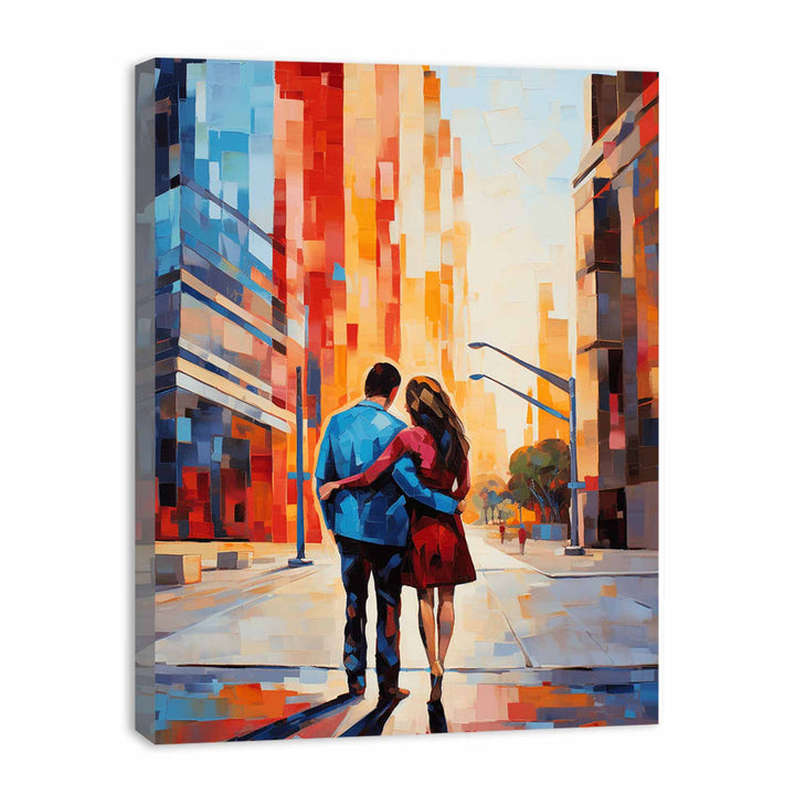 Contemporary Couple Stroll in City Painting