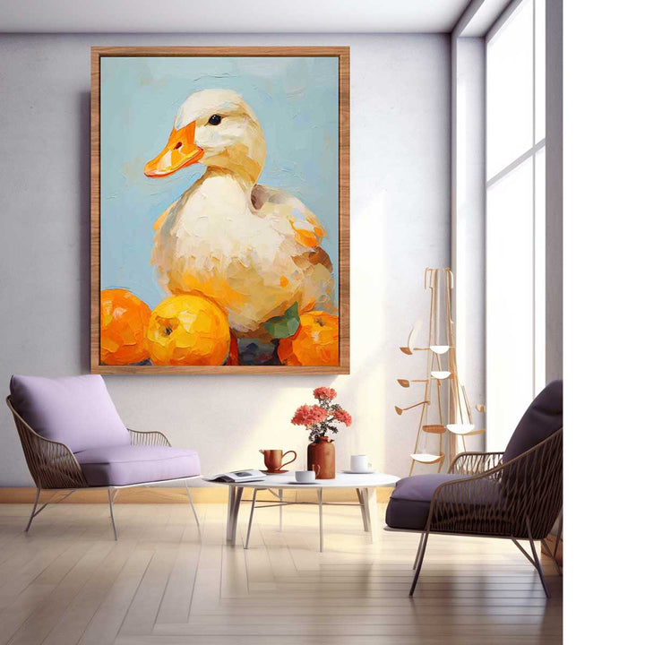 Modern White Orange Duck Art Painting 