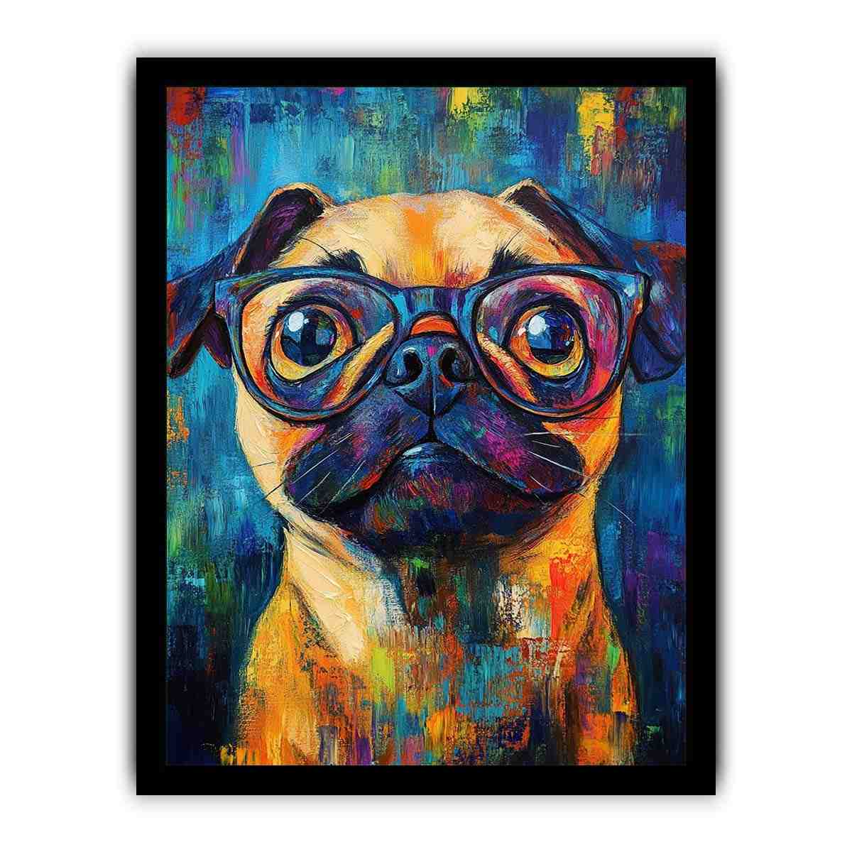 Colourful pug with glasses canvas art for playful office decor.