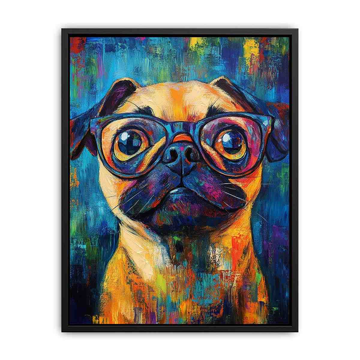 Colourful pug with glasses canvas art for playful office decor.