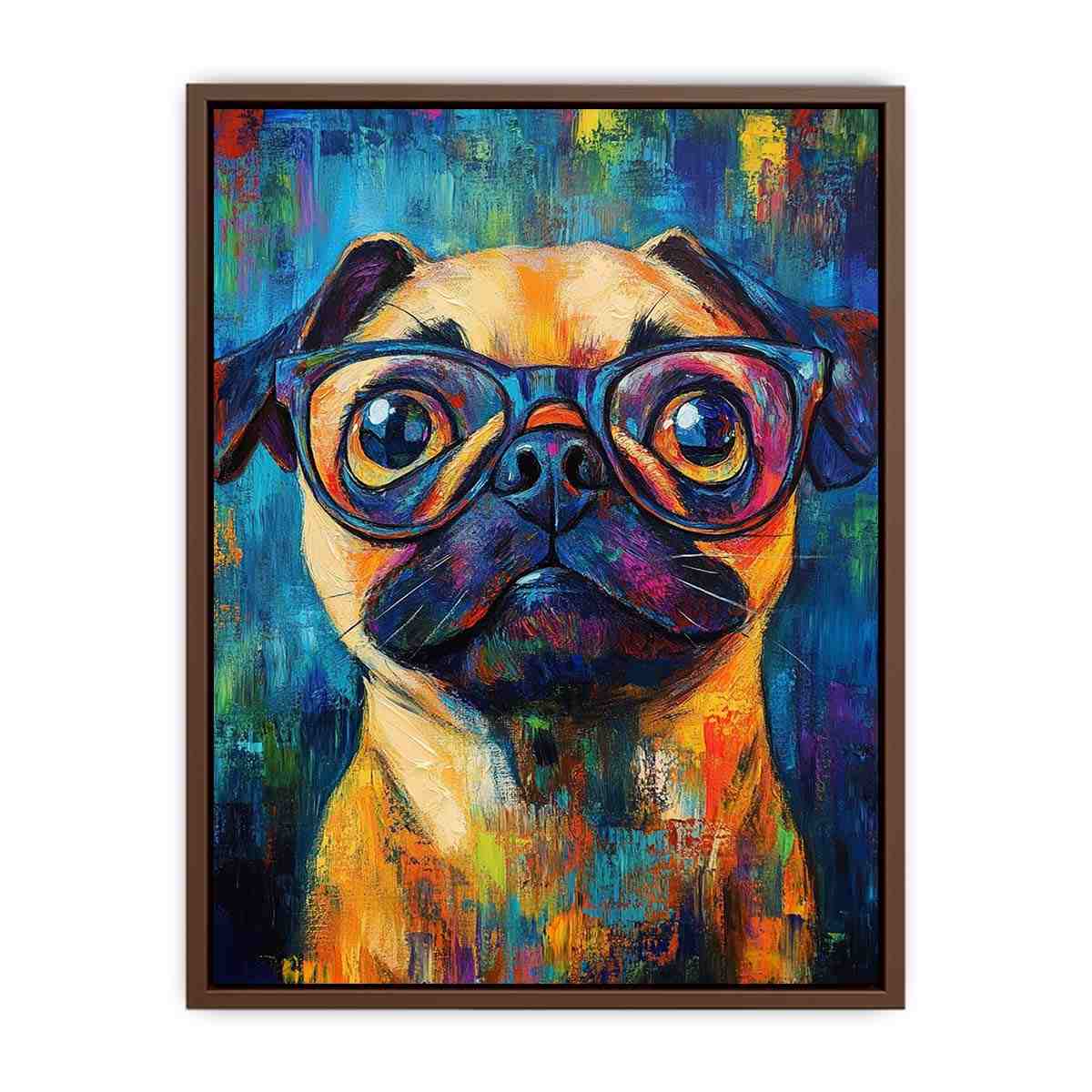 Colourful pug with glasses canvas art for playful office decor.