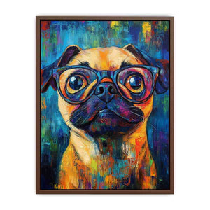 Colourful pug with glasses canvas art for playful office decor.