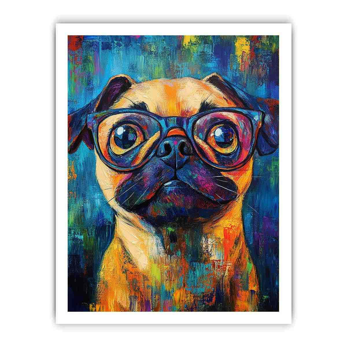 Colourful pug with glasses canvas art for playful office decor.