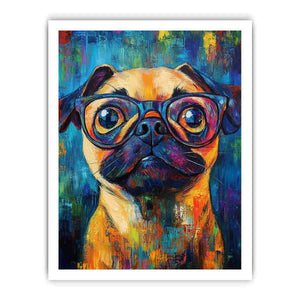 Colourful pug with glasses canvas art for playful office decor.
