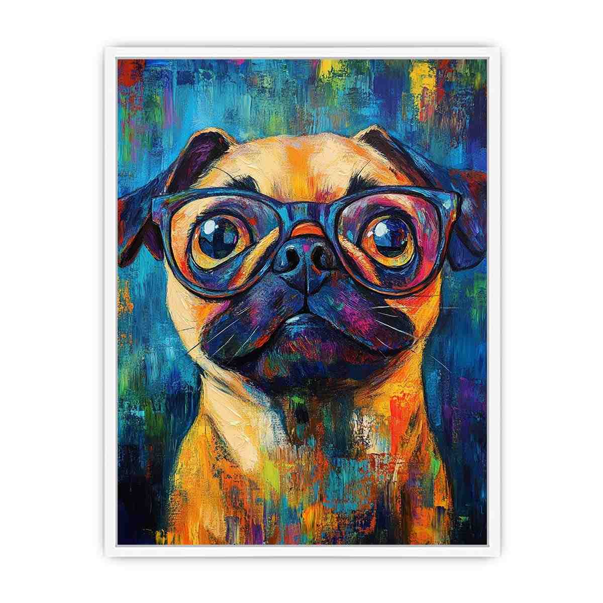 Colourful pug with glasses canvas art for playful office decor.