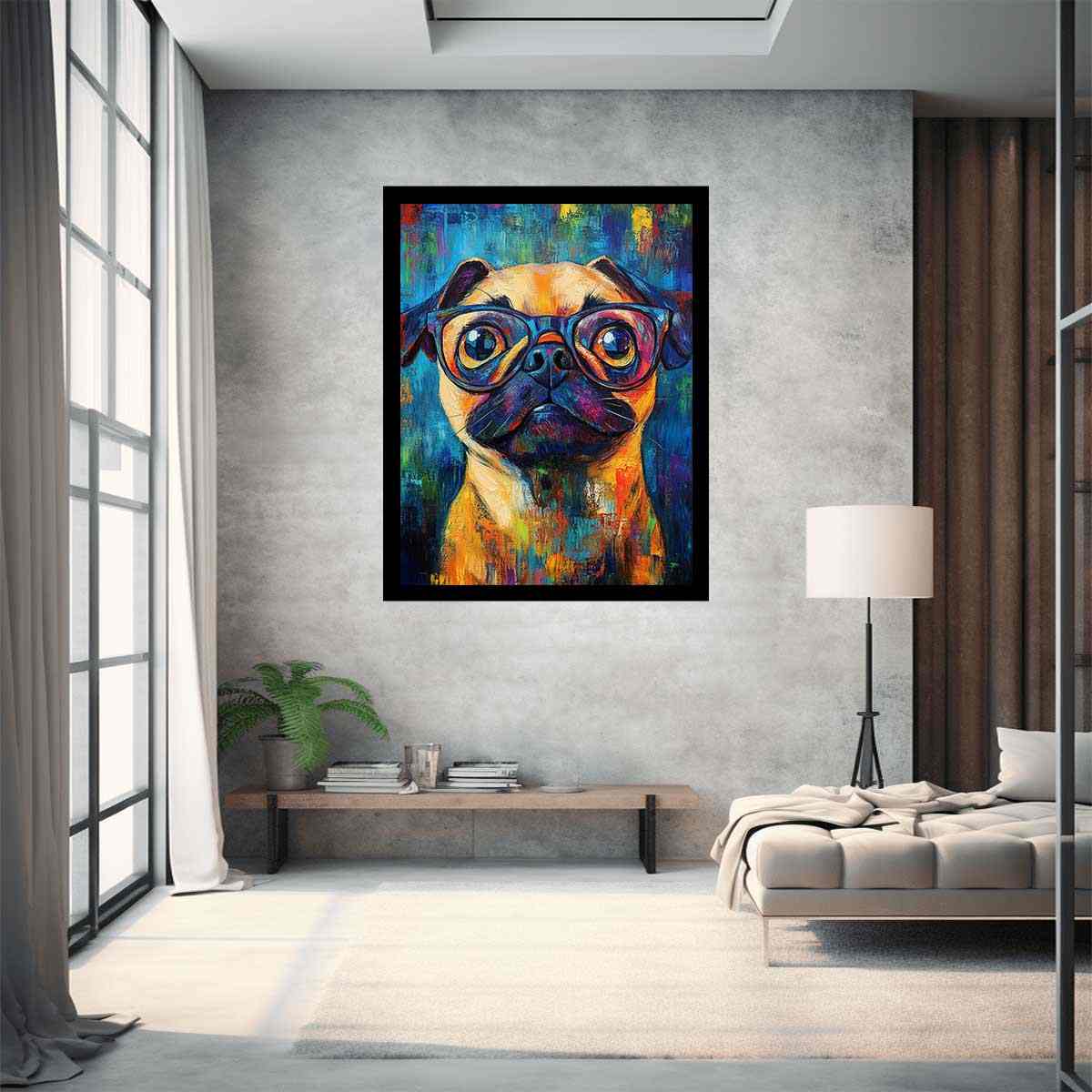 Colourful pug with glasses canvas art for playful office decor.