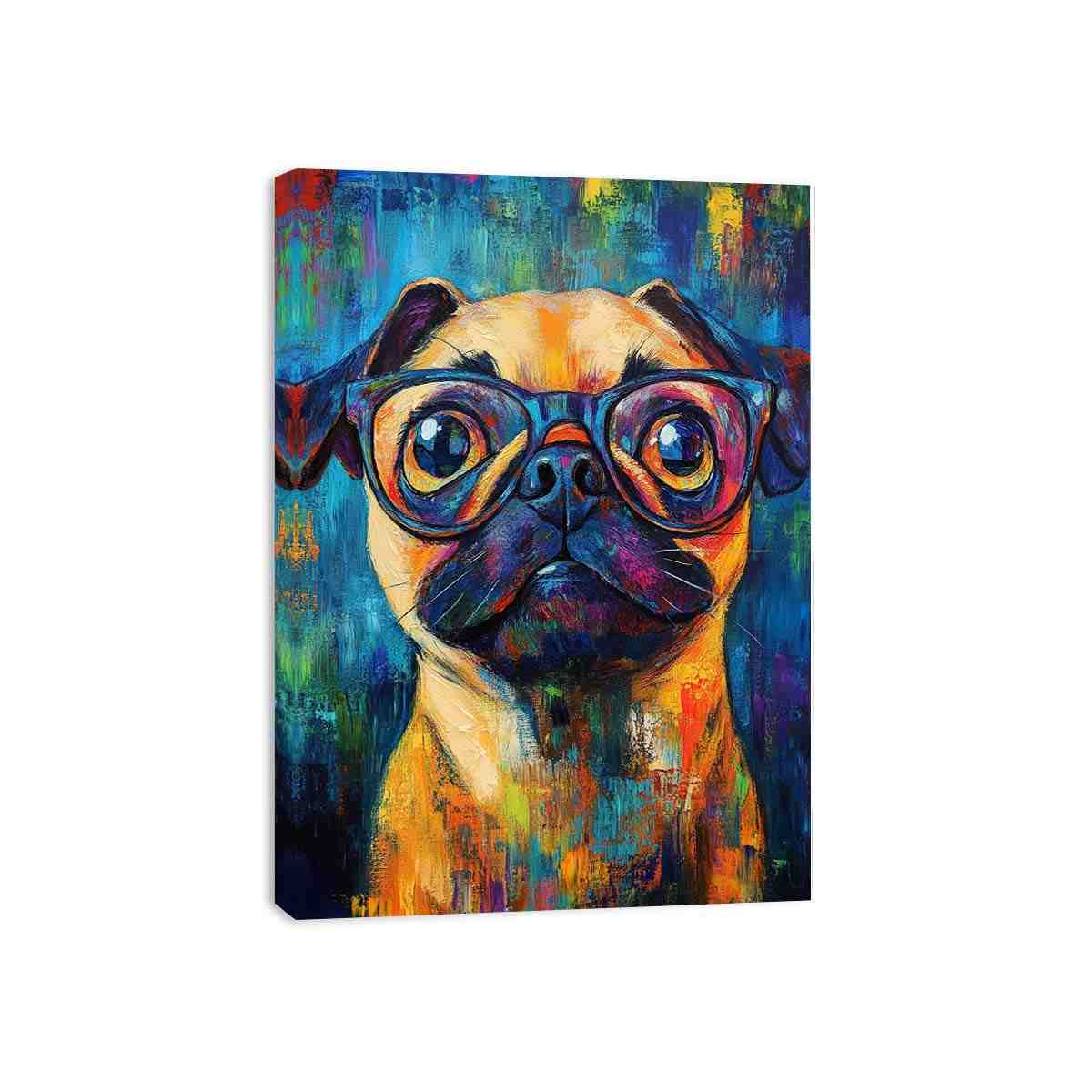 Colourful pug with glasses canvas art for playful office decor.