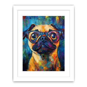 Colourful pug with glasses canvas art for playful office decor.