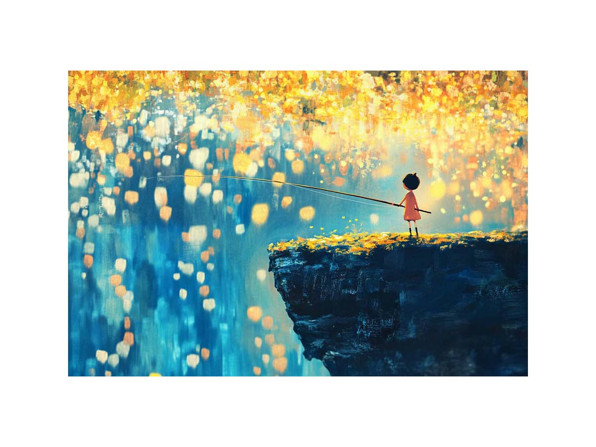 Whimsical child fishing canvas art with glowing lanterns for bedroom decor.