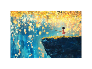 Whimsical child fishing canvas art with glowing lanterns for bedroom decor.