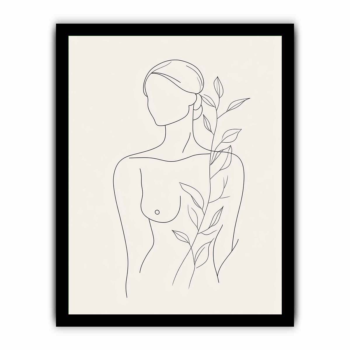 Minimal woman line art with botanical leaves for calm bedroom decor.