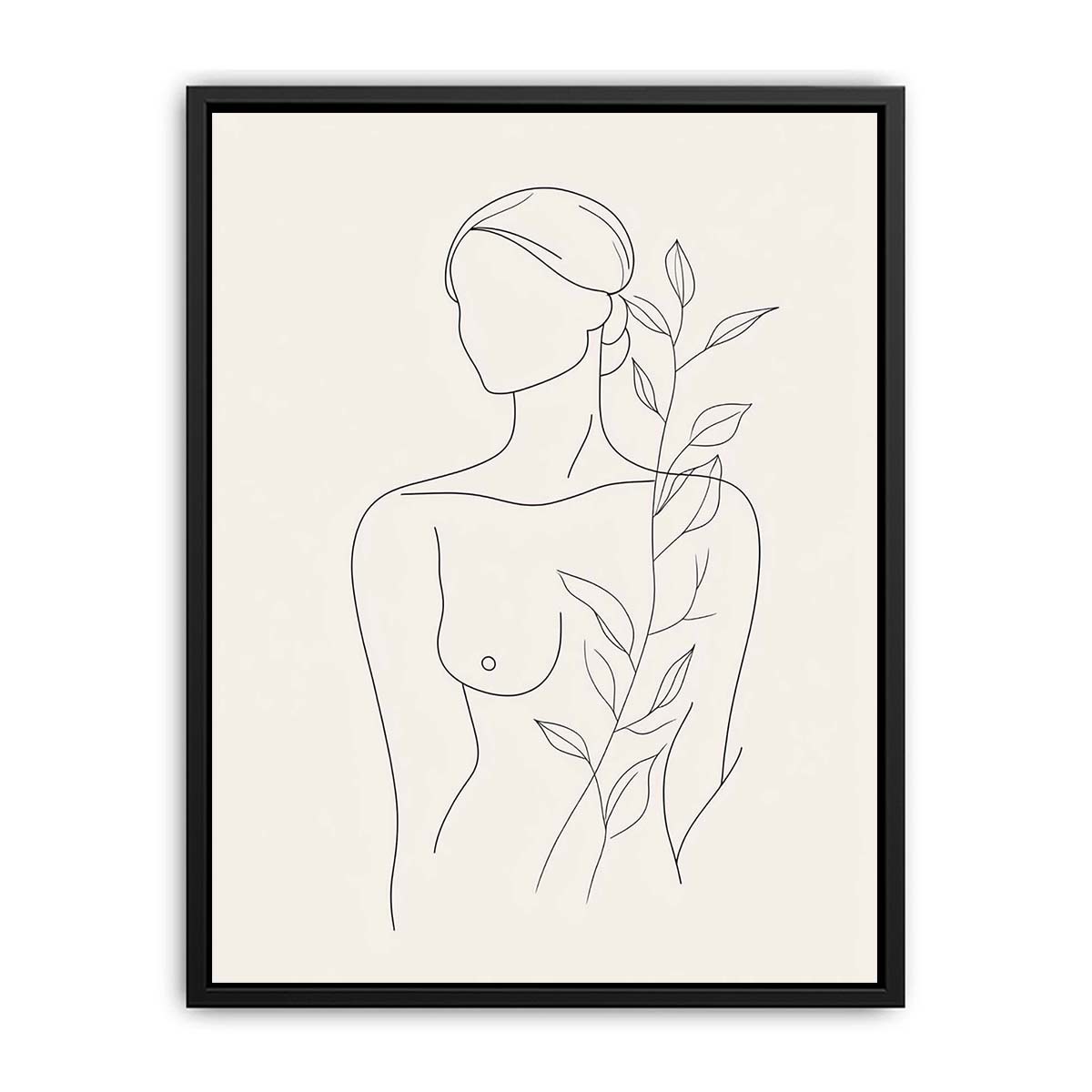 Minimal woman line art with botanical leaves for calm bedroom decor.
