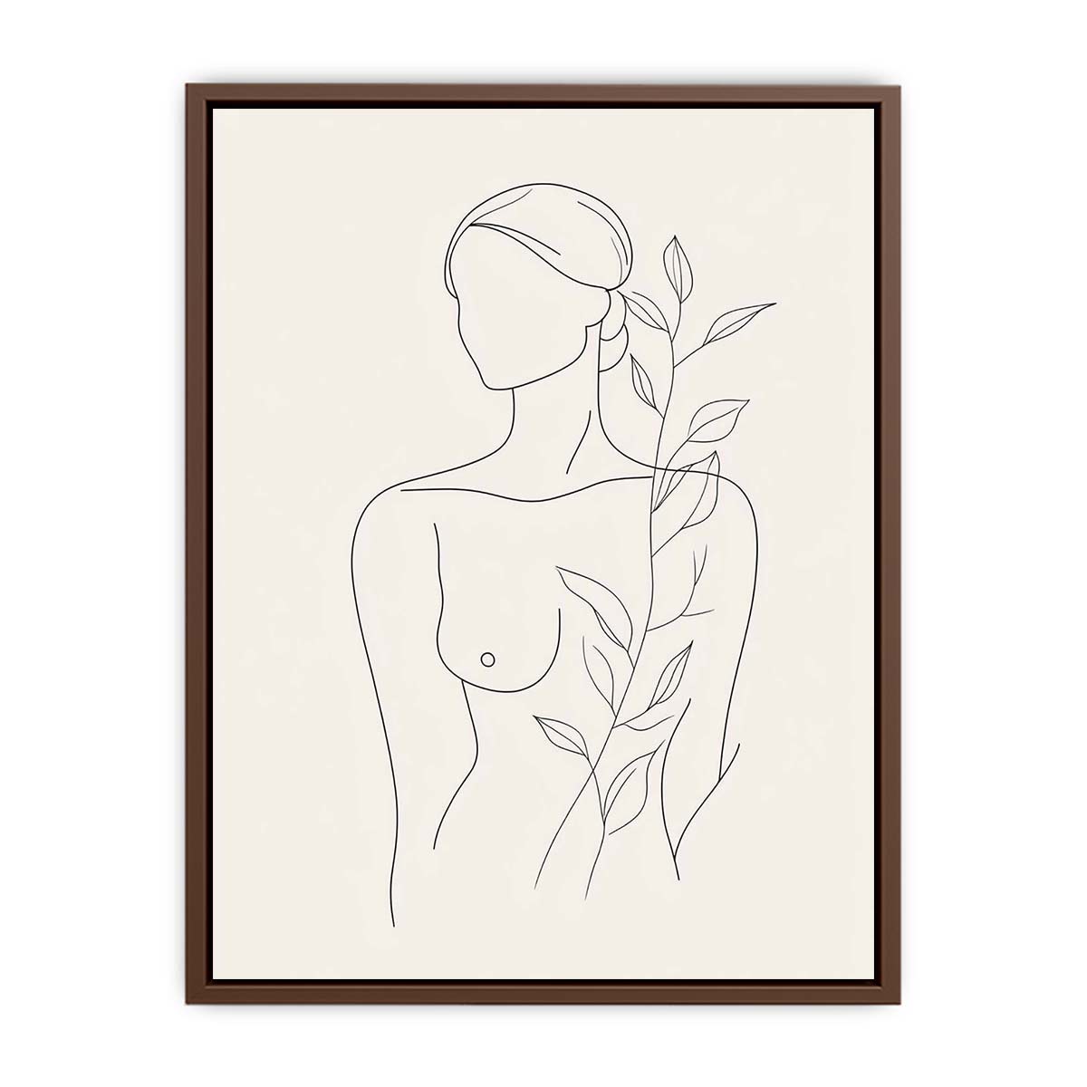 Minimal woman line art with botanical leaves for calm bedroom decor.