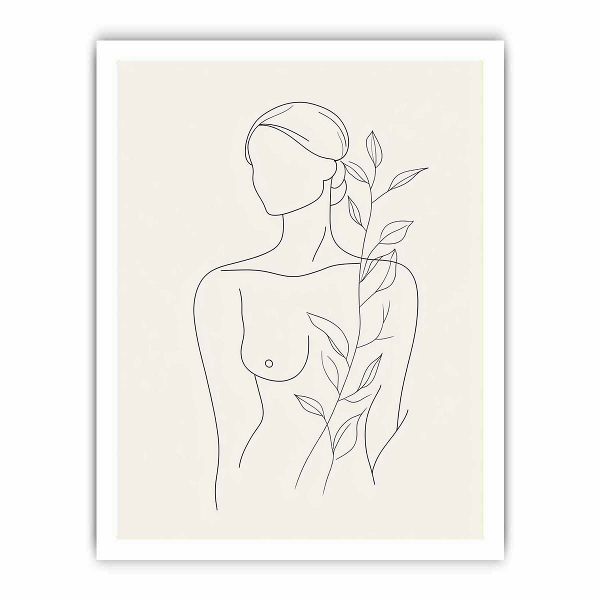 Minimal woman line art with botanical leaves for calm bedroom decor.