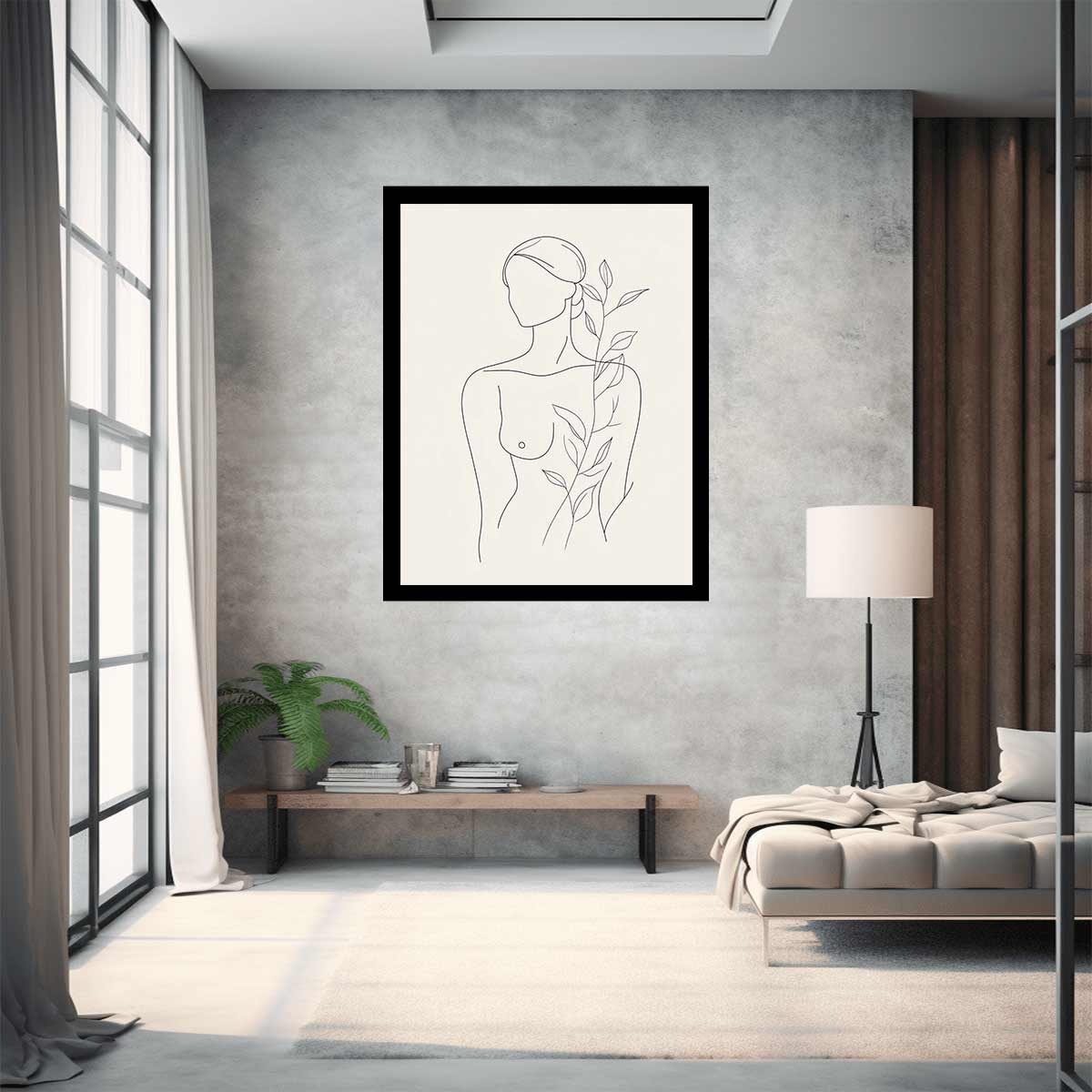 Minimal woman line art with botanical leaves for calm bedroom decor.