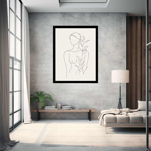 Minimal woman line art with botanical leaves for calm bedroom decor.