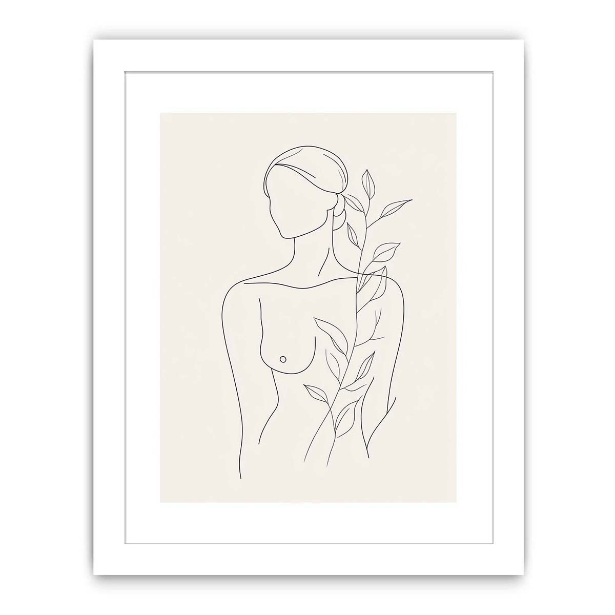 Minimal woman line art with botanical leaves for calm bedroom decor.