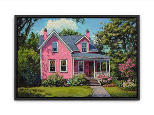 Pink cottage garden painting for cheerful farmhouse living room decor.